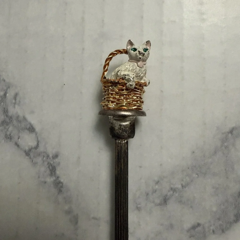 Vintage White Kitty Cat In A Basket W.A.P.W. Silver-Plated Souvenir Mini Spoon